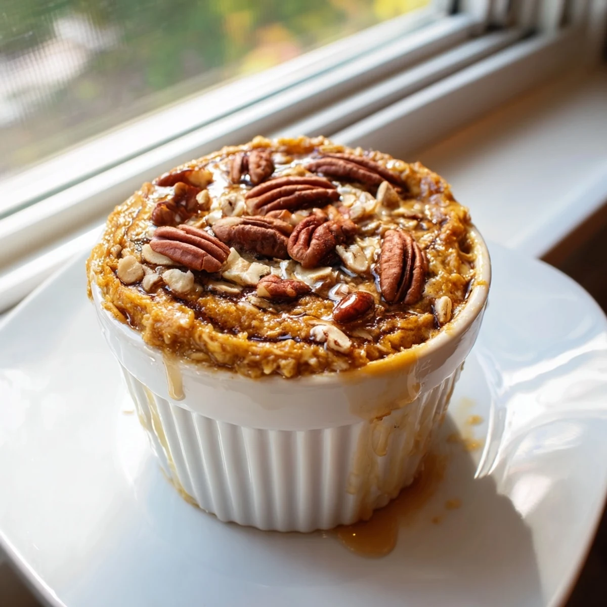 A golden ramekin of pumpkin spice baked oats, inviting with a cake-like, spiced aroma.