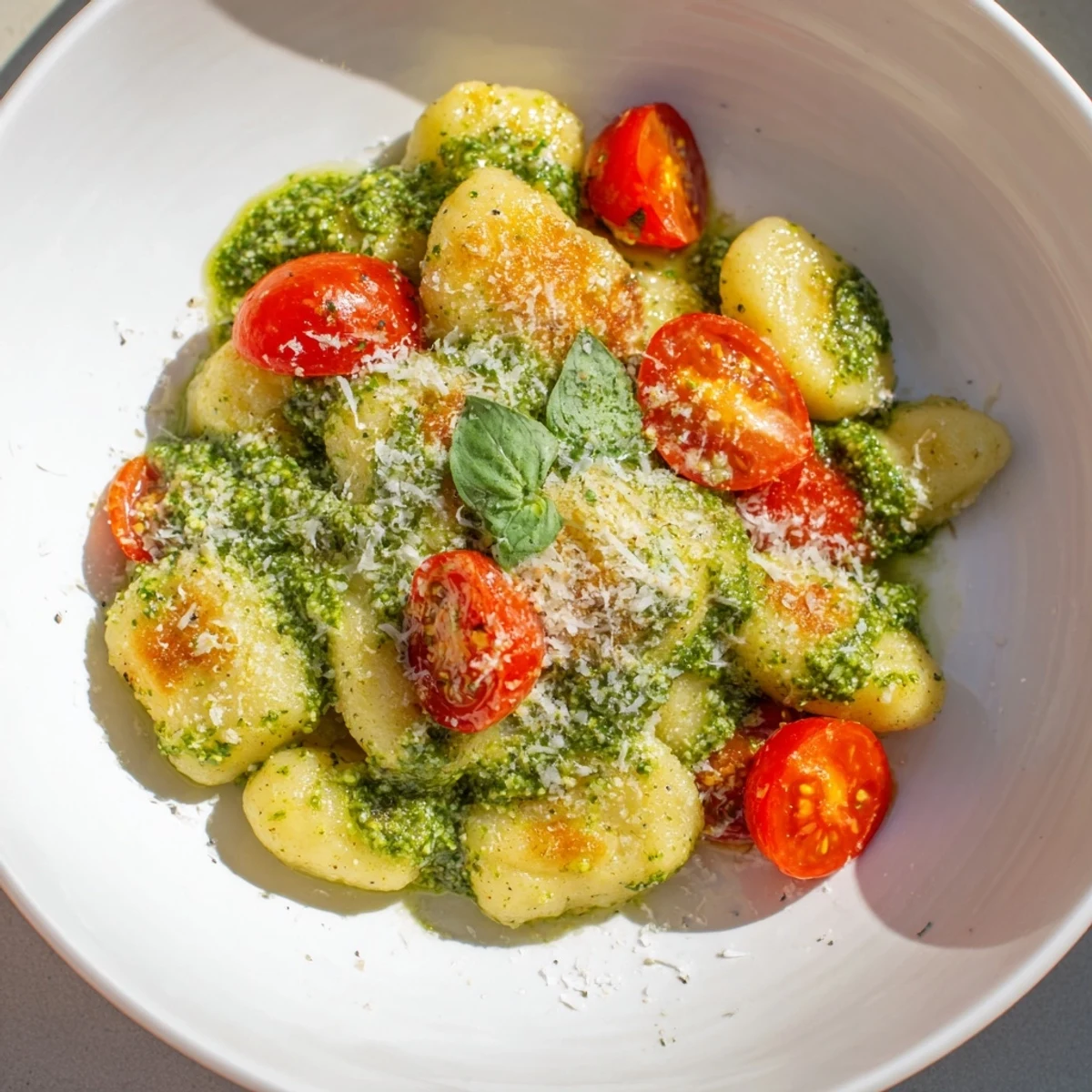 Vibrant plate of Crispy Gnocchi with Pesto: golden brown pasta, bright red tomatoes, and fresh basil leaves.