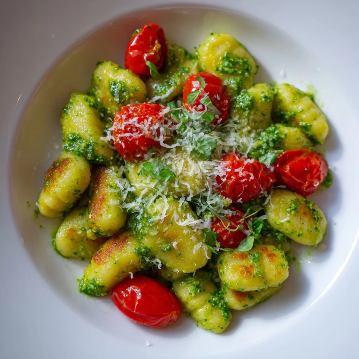 Savory Crispy Gnocchi with Pesto features perfectly pan-fried gnocchi coated in rich pesto sauce, ready to enjoy.