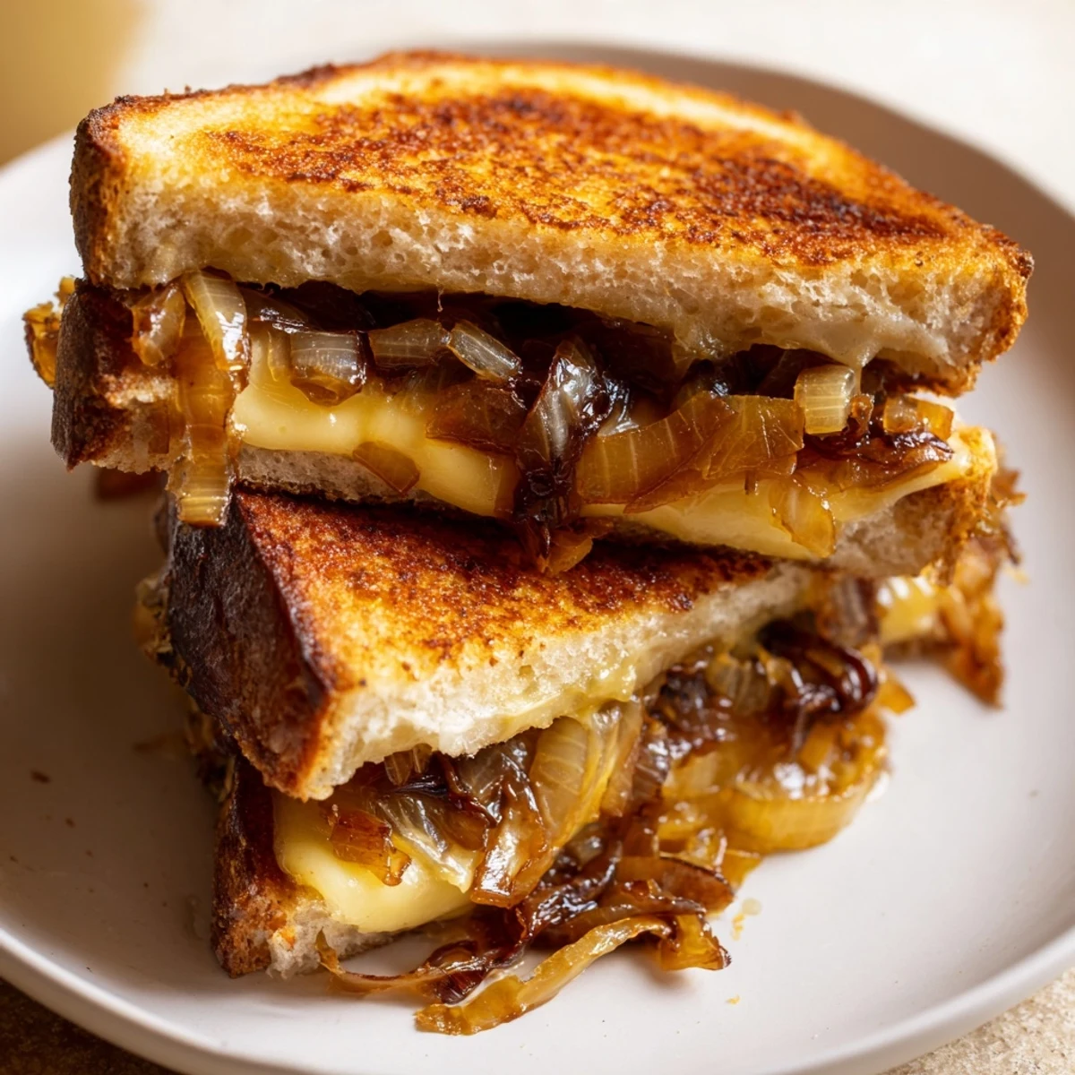 Golden, bubbly Caramelized Onion and Gruyère Grilled Cheese, oozing with melted Gruyère.