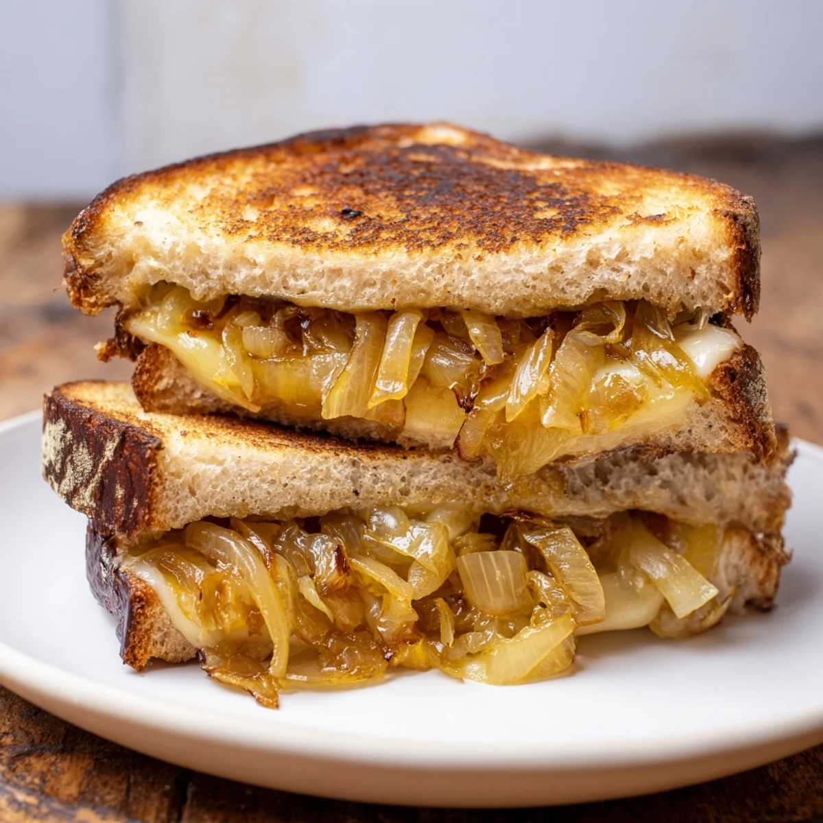 Buttery, toasted slices hold a mountain of savory Caramelized Onion and Gruyère Grilled Cheese inside.