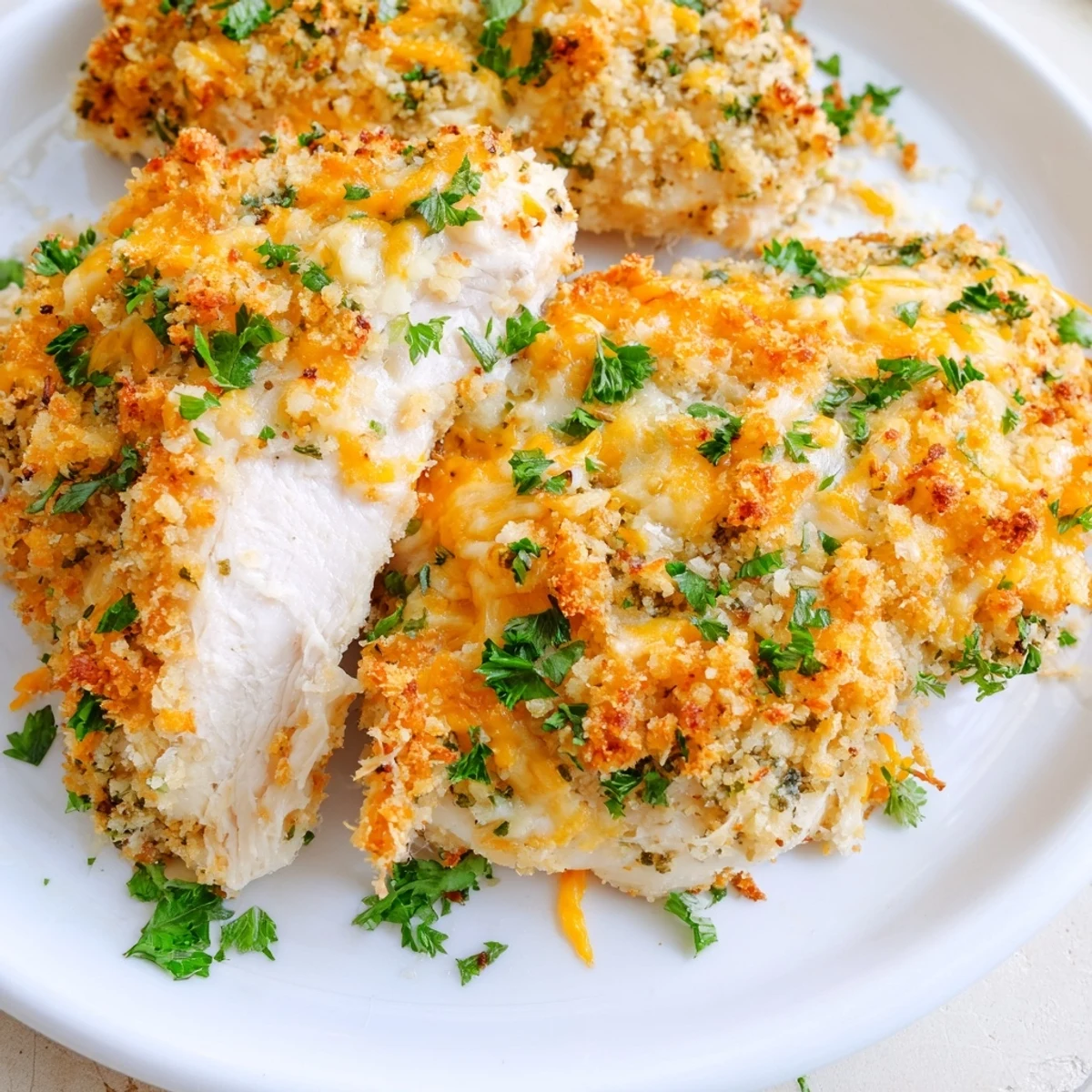Golden-brown Cheesy Baked Chicken Breast, bubbling with melted cheese and ready to serve with sides.