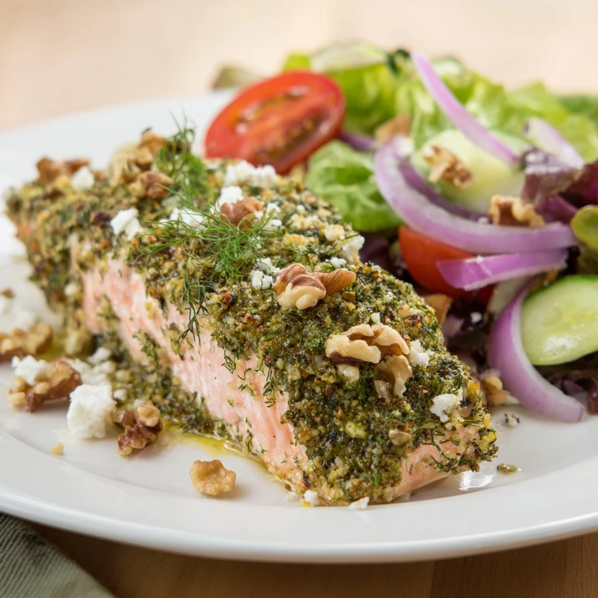 Flaky herb-crusted salmon salad, ready to eat, featuring bright greens and juicy tomatoes.