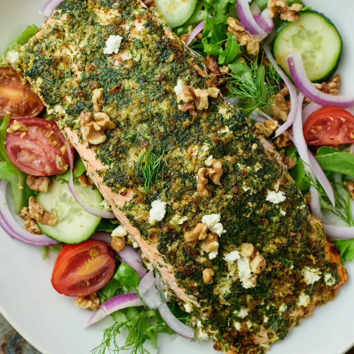 A flavorful herb-crusted salmon salad with warm, flaky fish, atop a bed of fresh greens.