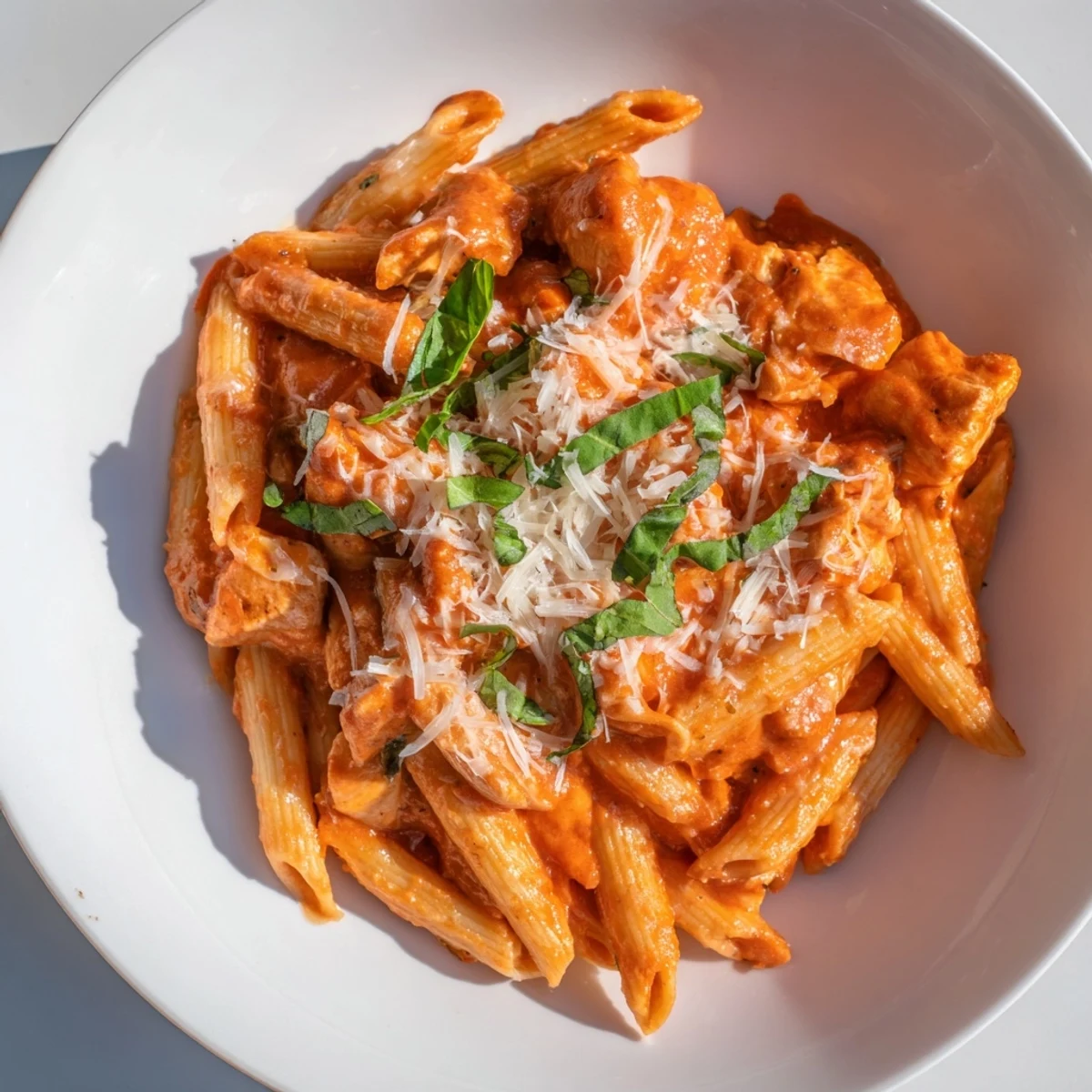 Creamy Tomato Basil Chicken Pasta: A comforting plate of pasta with a rich, vibrant red sauce and herbs.