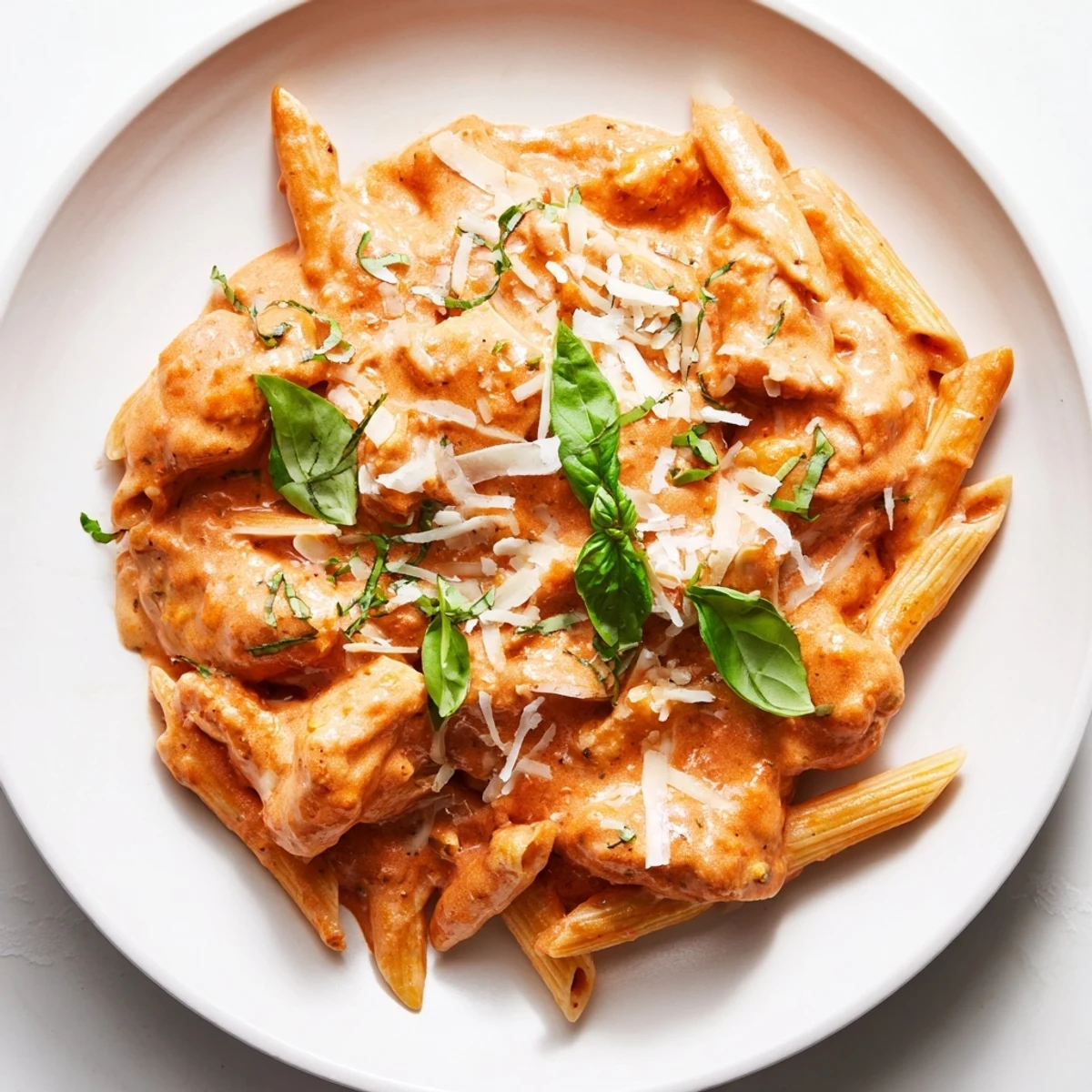 This delicious Creamy Tomato Basil Chicken Pasta features sliced chicken and a fragrant basil garnish, tempting your tastebuds.