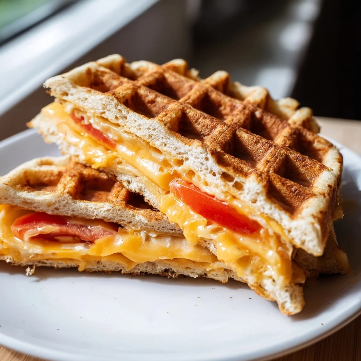 Close-up of a Waffle Grilled Cheese with perfectly toasted bread and dripping cheese with every bite.