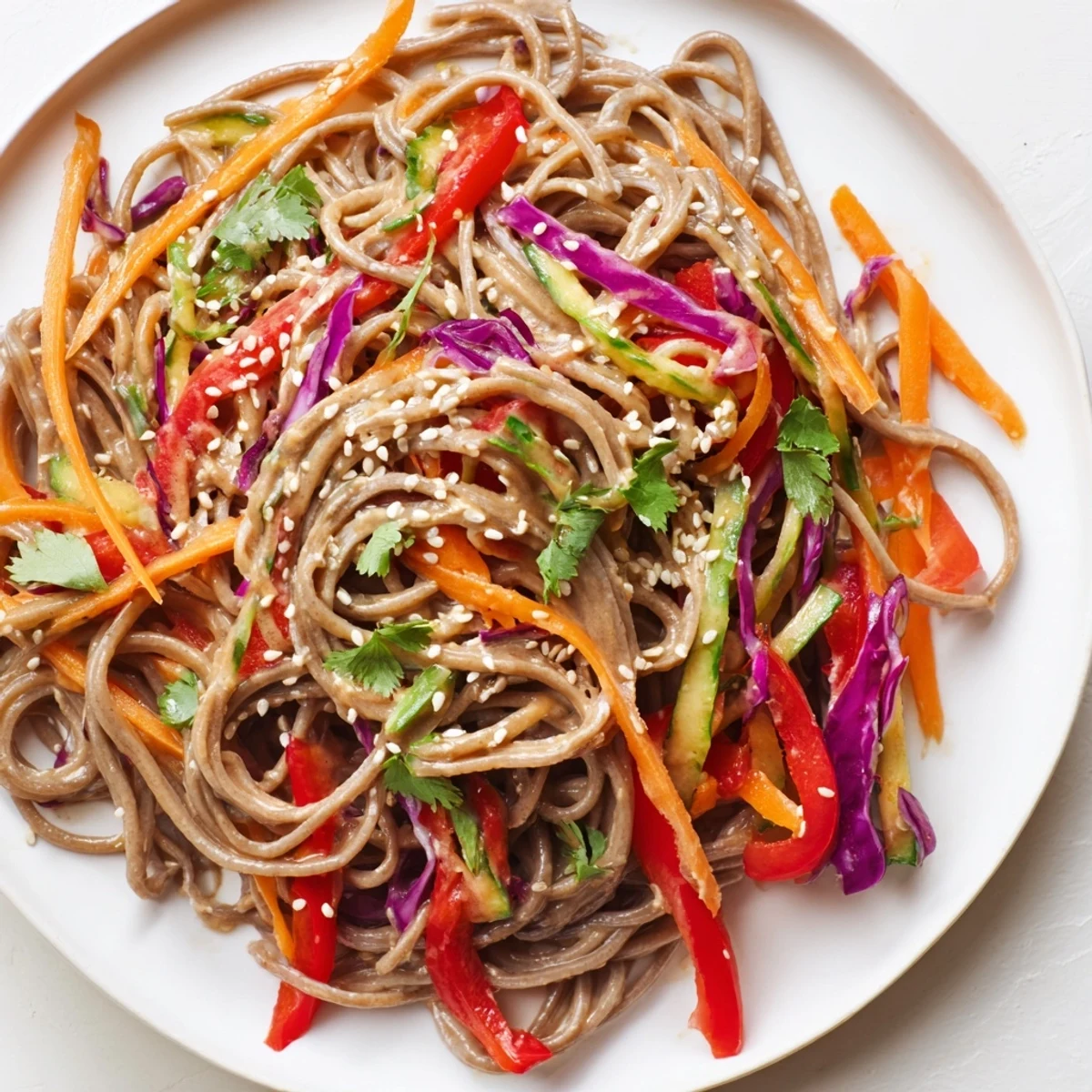 Cold soba noodle salad with colorful vegetables perfectly coated in sesame-peanut dressing, ready to eat.