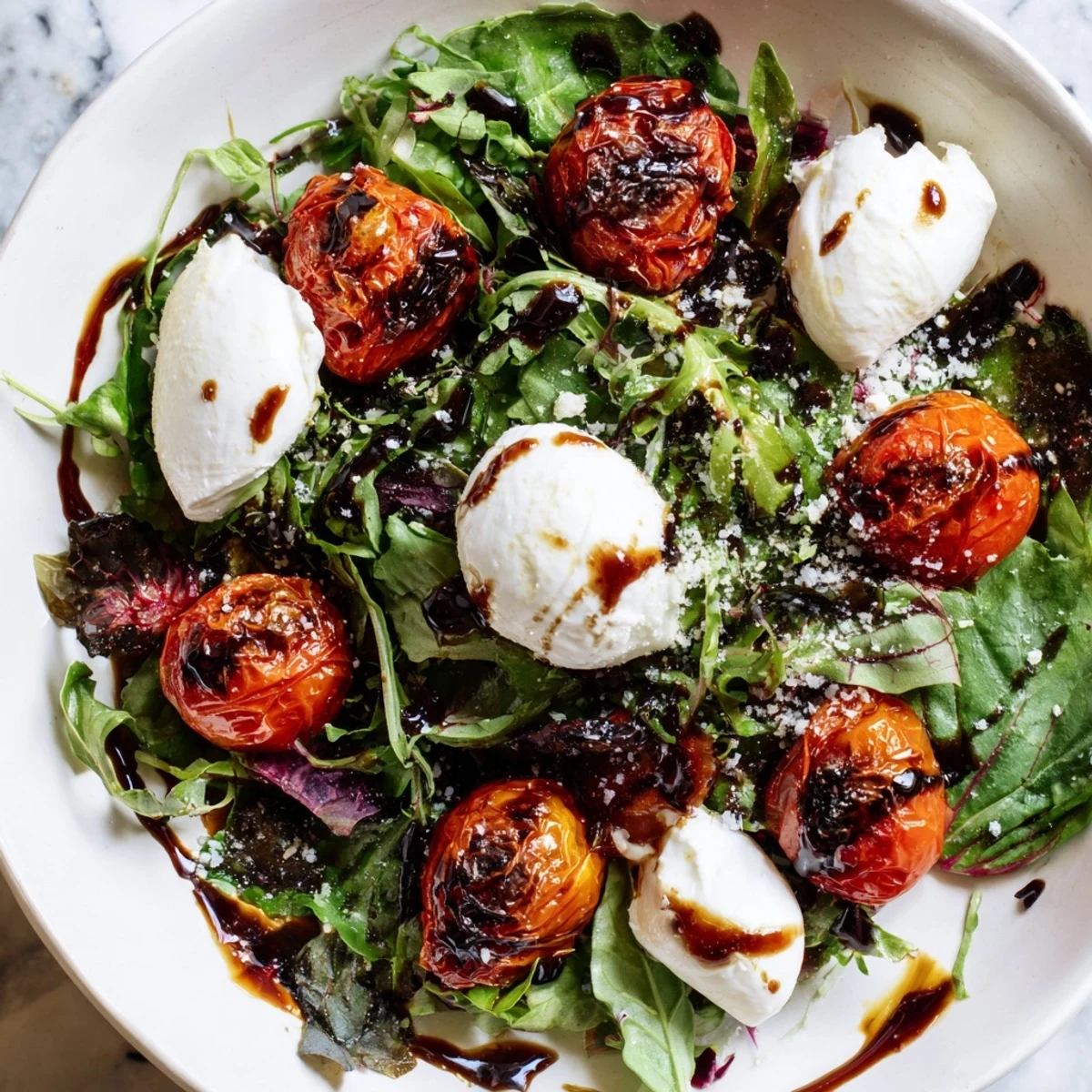 Charred Tomato Salad with Burrata: vibrant, blistered tomatoes sit atop creamy burrata cheese and greens.