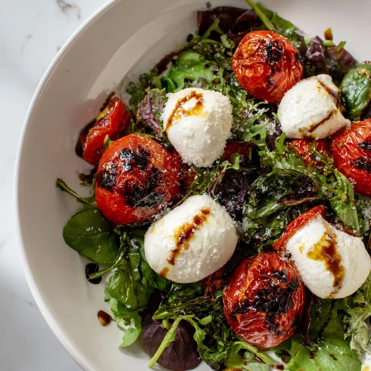 A fresh, colorful Charred Tomato Salad with Burrata, drizzled with basil-infused olive oil, ready to eat.
