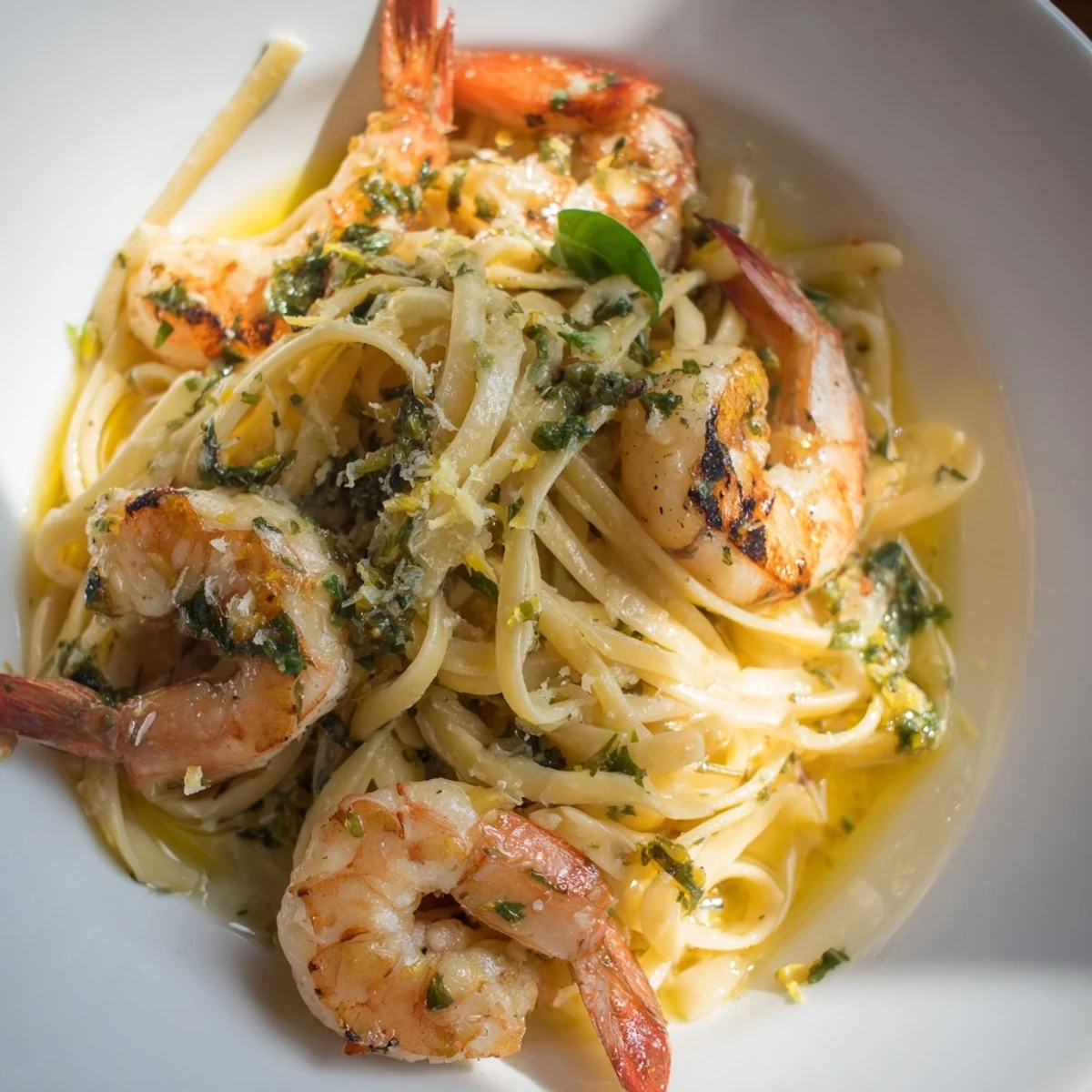 A beautiful bowl of Lemon Herb Pasta with Shrimp, showcasing juicy shrimp and a vibrant, flavorful sauce.