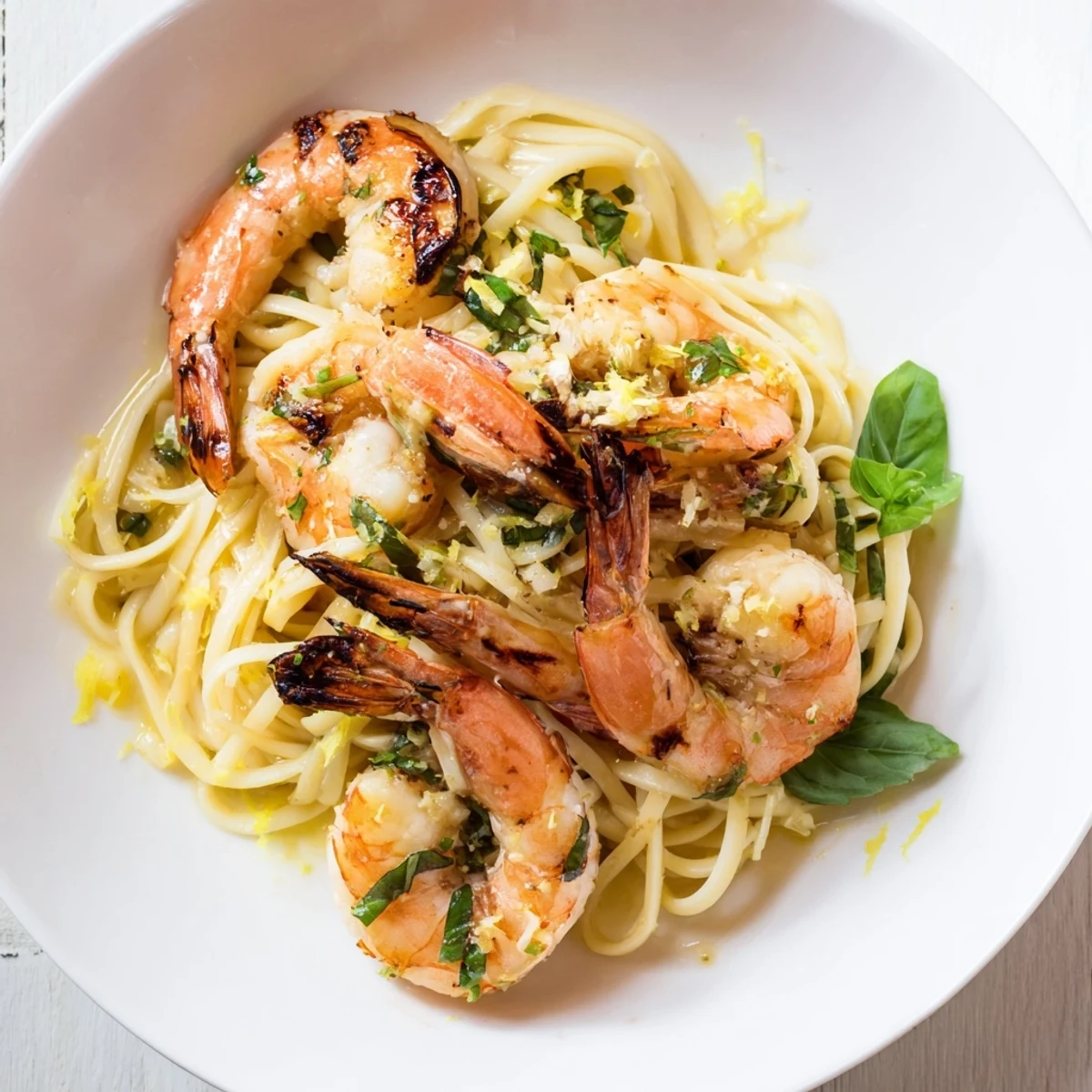 Steaming Lemon Herb Pasta with Shrimp, garnished with fresh herbs and lemon wedges adding brightness.