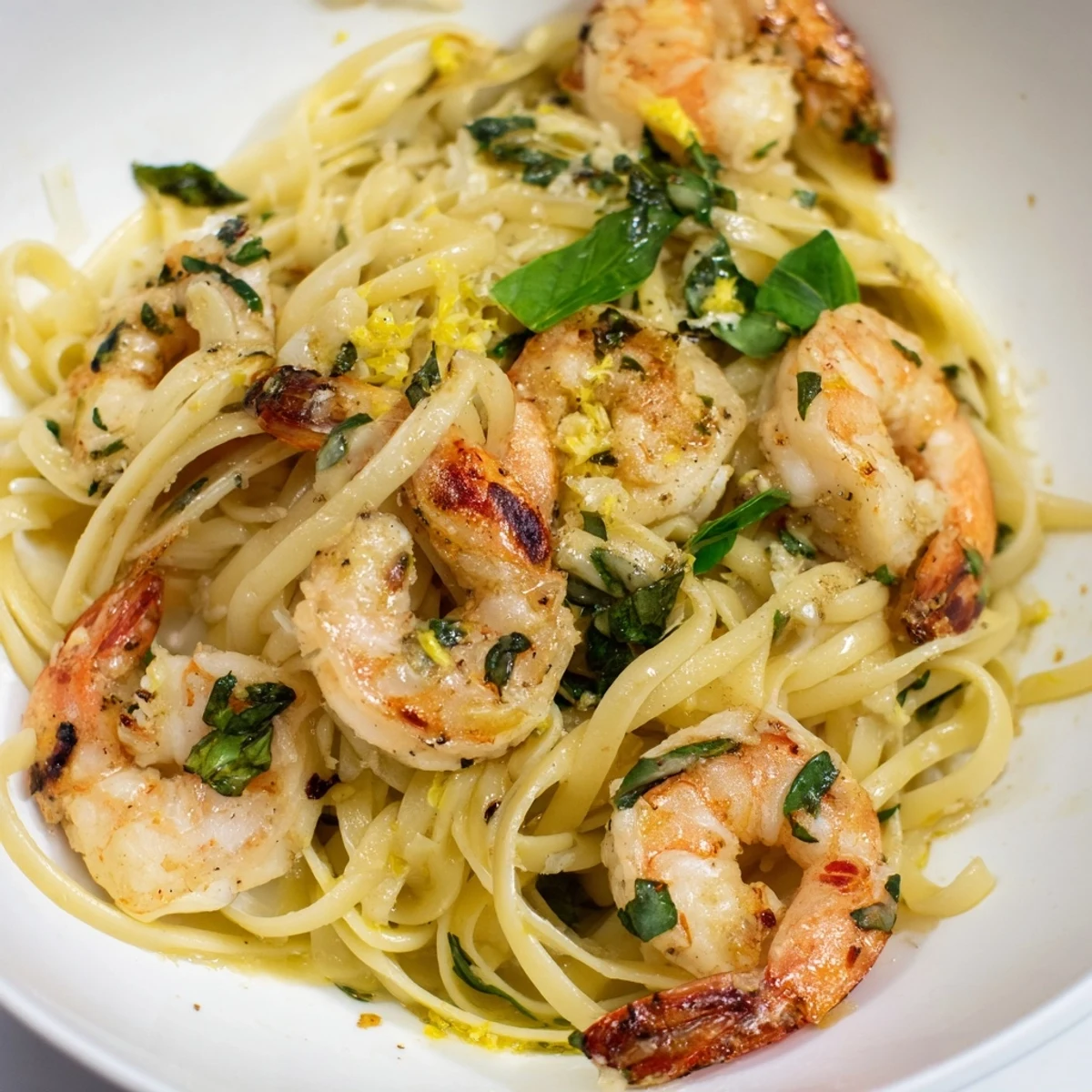 Up-close shot of delicious Lemon Herb Pasta with Shrimp; a comforting, easy Italian-inspired dish.
