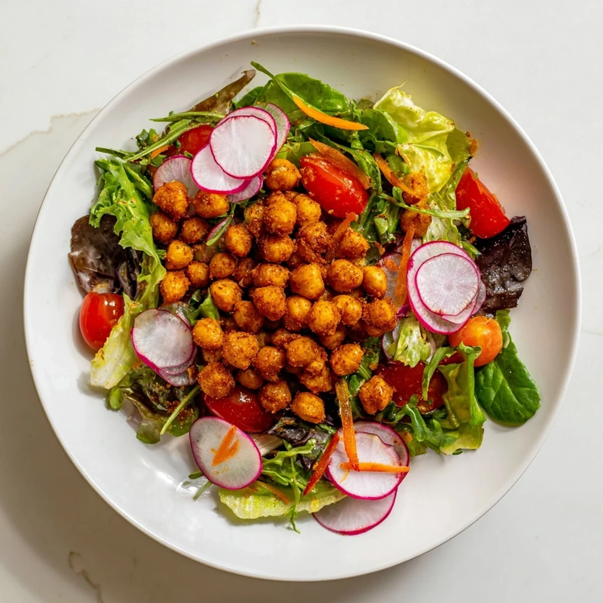 Fresh Mixed Greens Salad with Crispy Chickpea Croutons: a colorful bowl offering delightful textures and flavors.