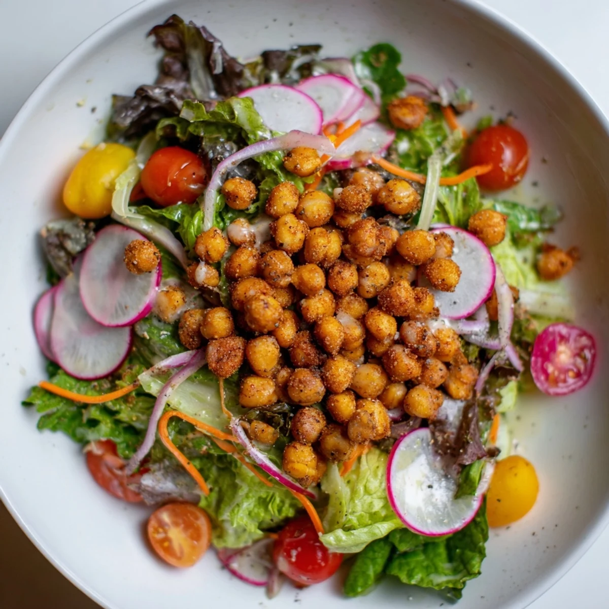 Golden, crisp chickpea croutons generously topping a vibrant Mixed Greens Salad for a hearty, healthy meal.
