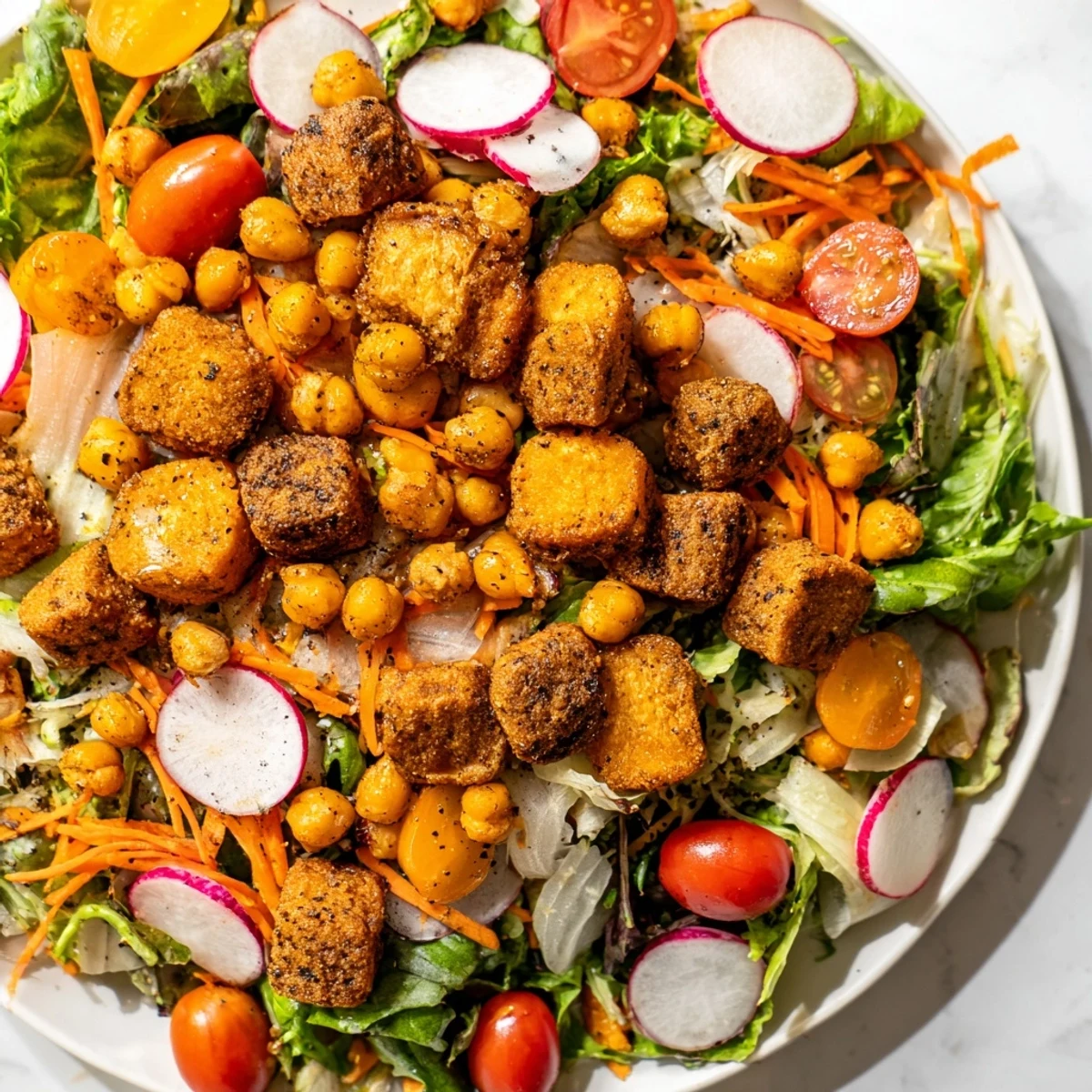 Imagine a bright Mixed Greens Salad with Crispy Chickpea Croutons, bursting with flavor and refreshing vegetables.