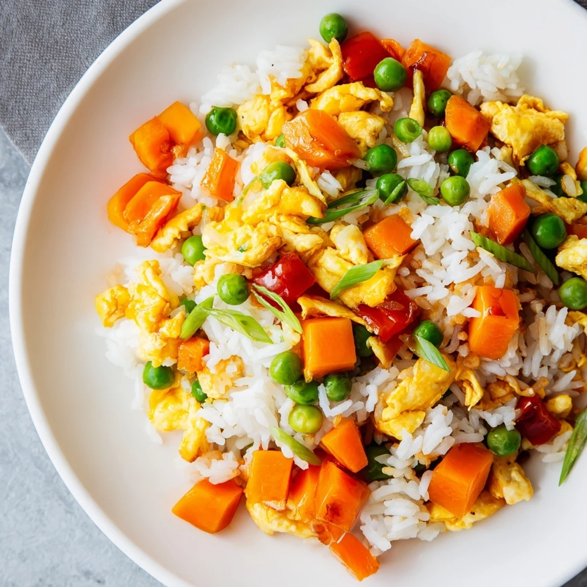 Steaming bowl of Egg Fried Rice with vibrant vegetables and fluffy scrambled eggs.