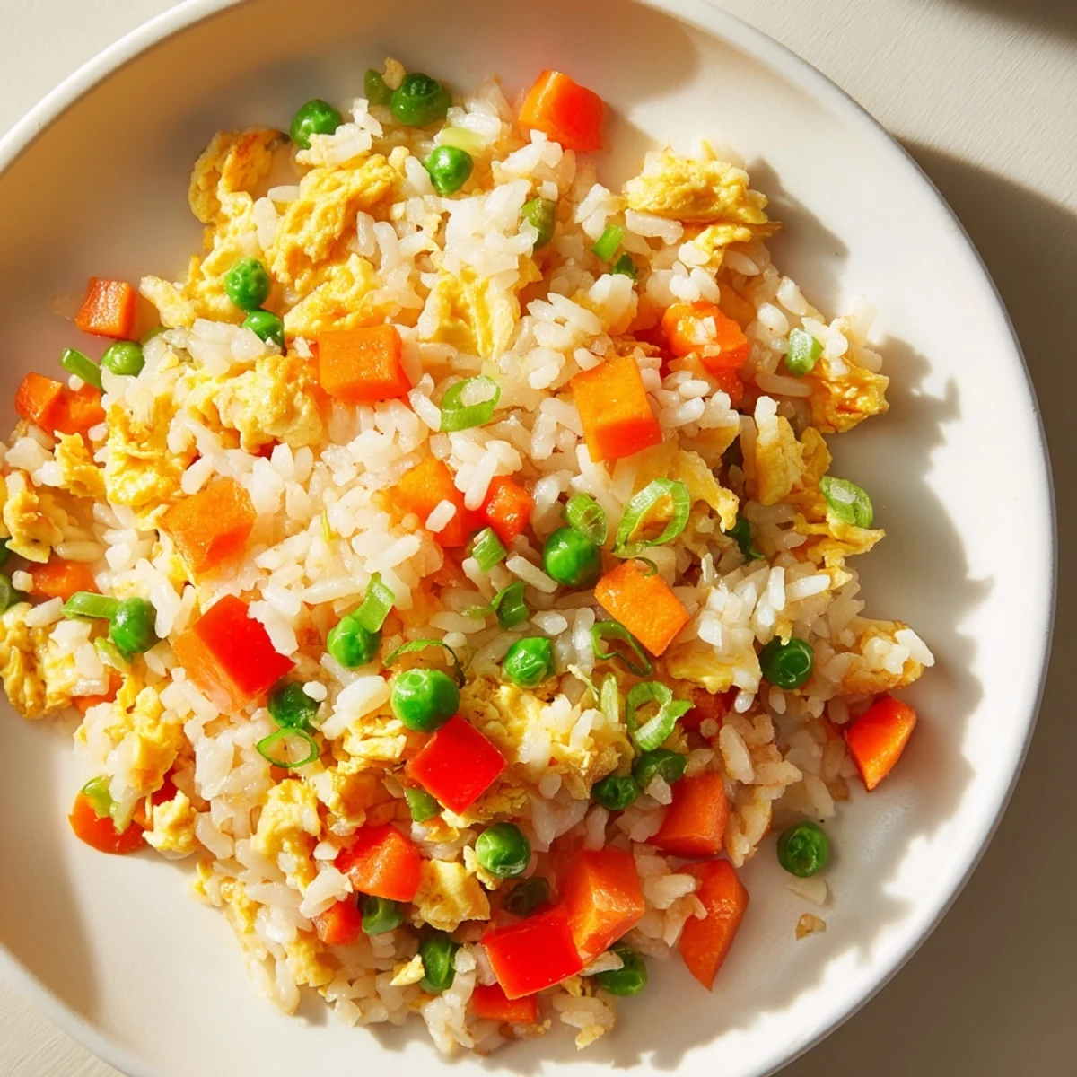 Golden Egg Fried Rice with visible peas, carrots, and a savory soy sauce glaze.