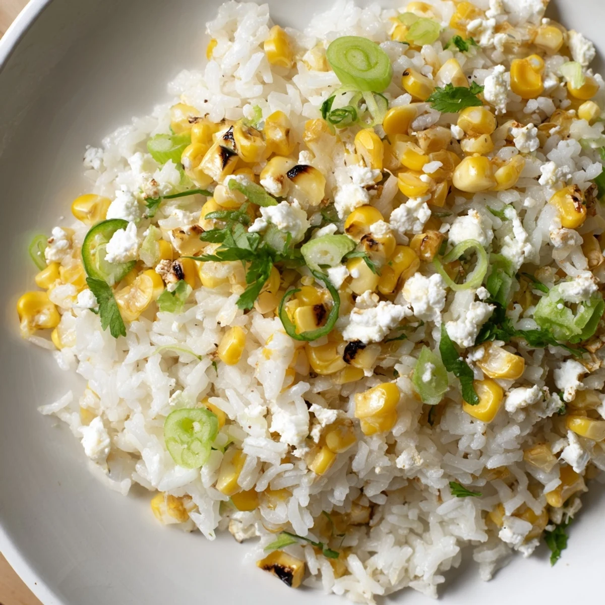 Fluffy Mexican Street Corn Rice, loaded with charred corn, cotija, and lime, ready to serve.