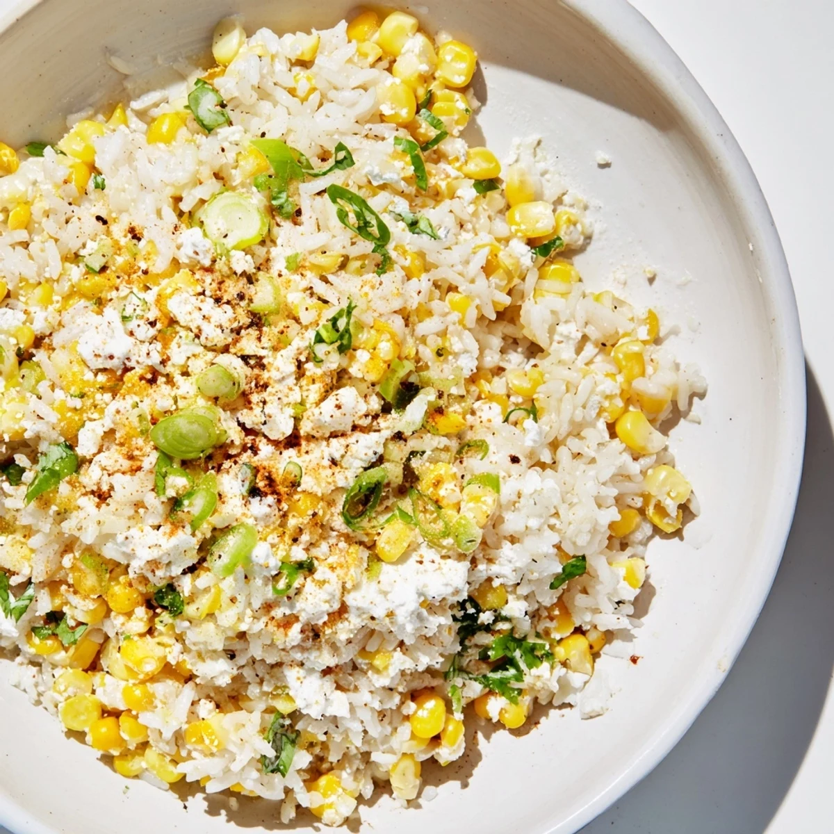 A colorful bowl of Mexican Street Corn Rice, featuring creamy cheese and fresh cilantro garnishes.