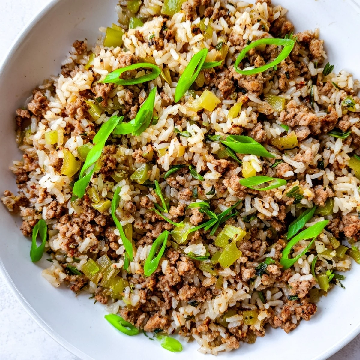 Steaming, savory Cajun Dirty Rice topped with fresh green onions; a Southern comfort food classic.