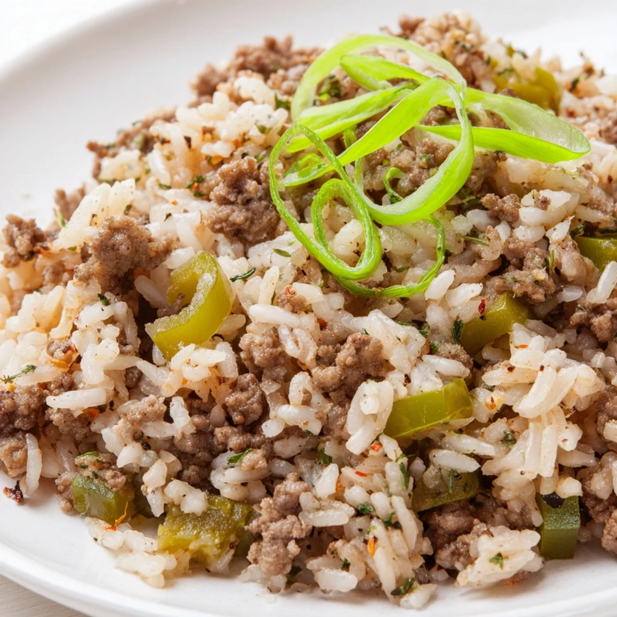 A close-up of a bubbling skillet shows fragrant Cajun Dirty Rice; a hearty and flavorful main dish.