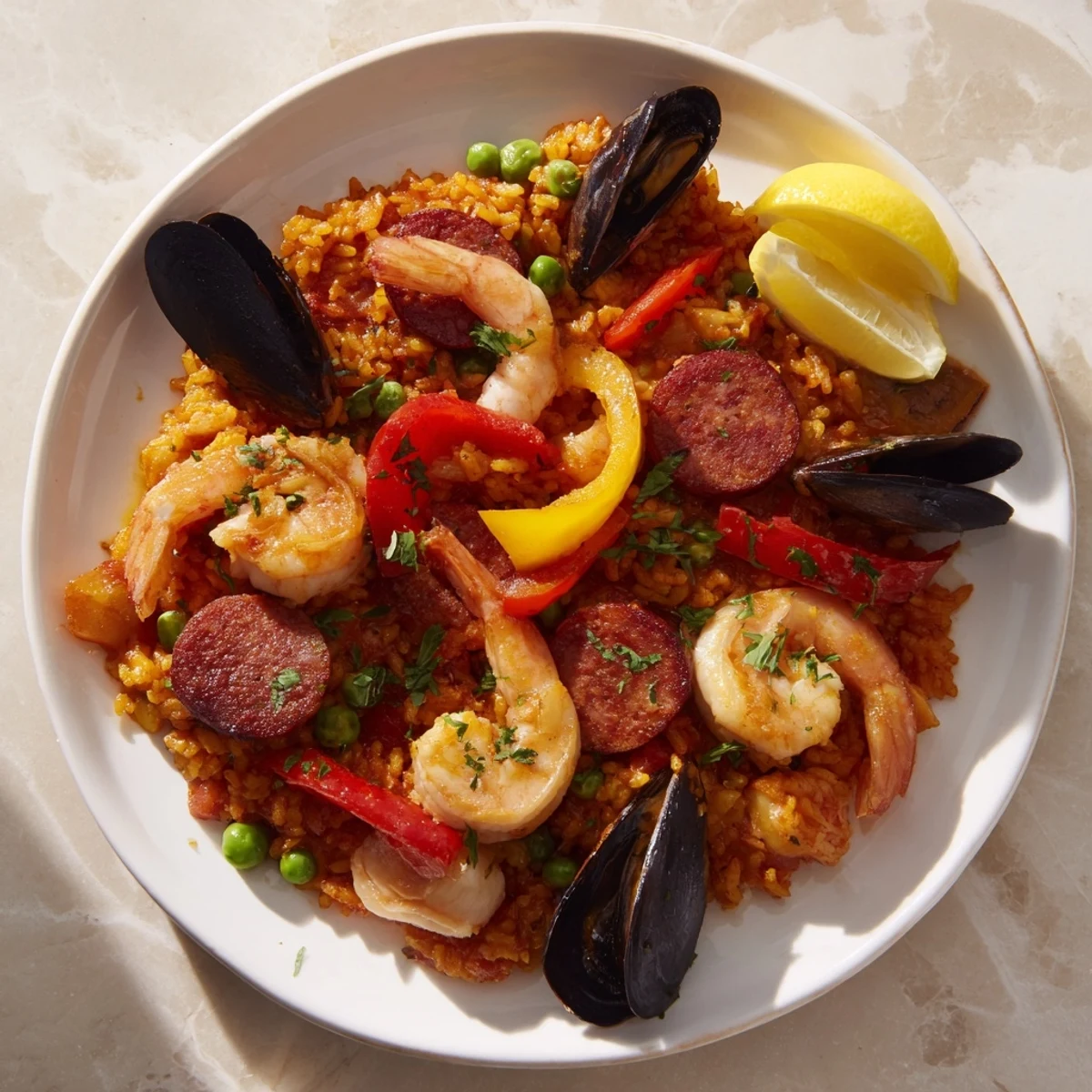 Steaming hot Paella Spanish rice with vibrant saffron rice and seafood is a delightful meal.