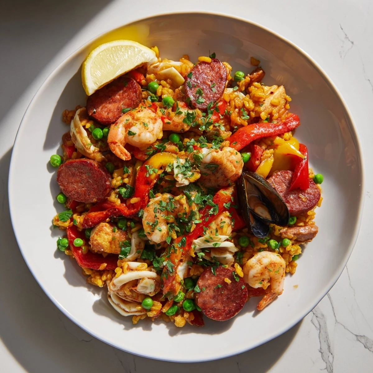 A close-up of finished Paella Spanish rice showcasing colorful vegetables and plump shrimp ready to enjoy.