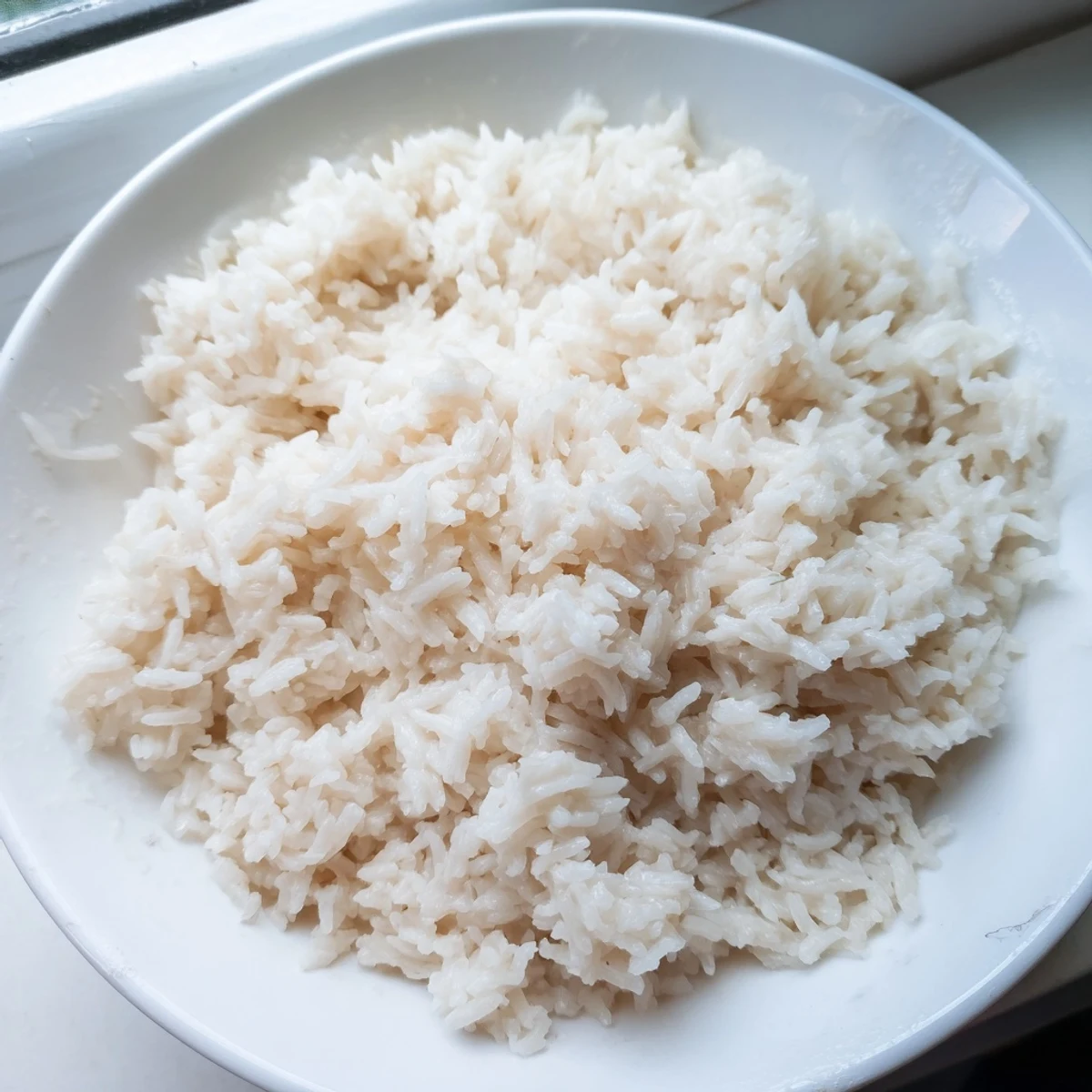 Steaming bowl of Coconut Jasmine Rice, fluffy and fragrant, ready to complement your meal.