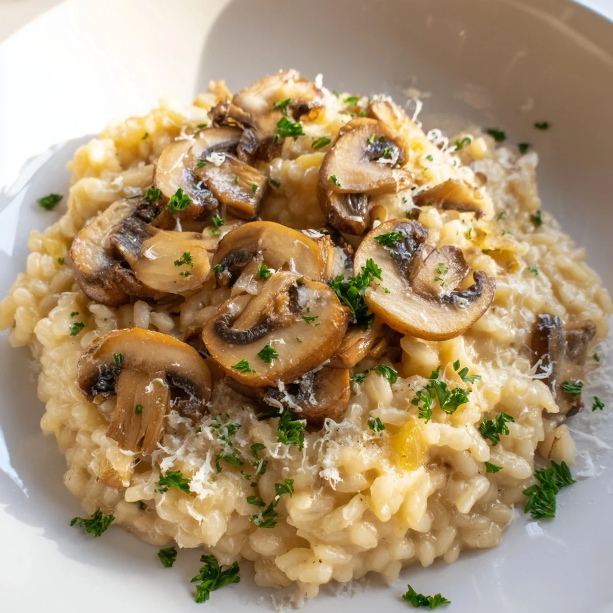 A steaming bowl of creamy mushroom risotto, garnished with fresh parsley and Parmesan.