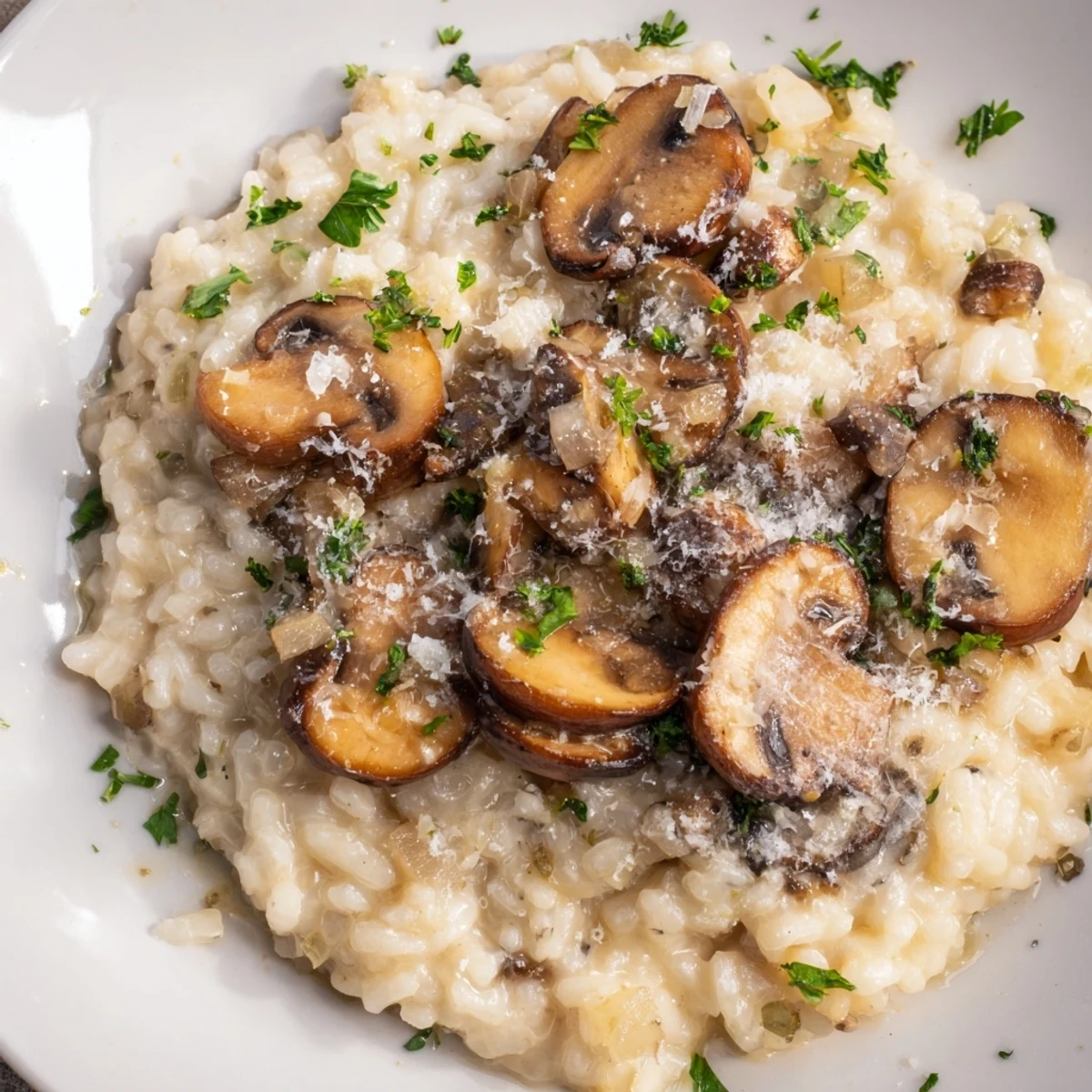 Close-up of golden-brown mushroom risotto, showcasing the creamy texture and rich flavors.