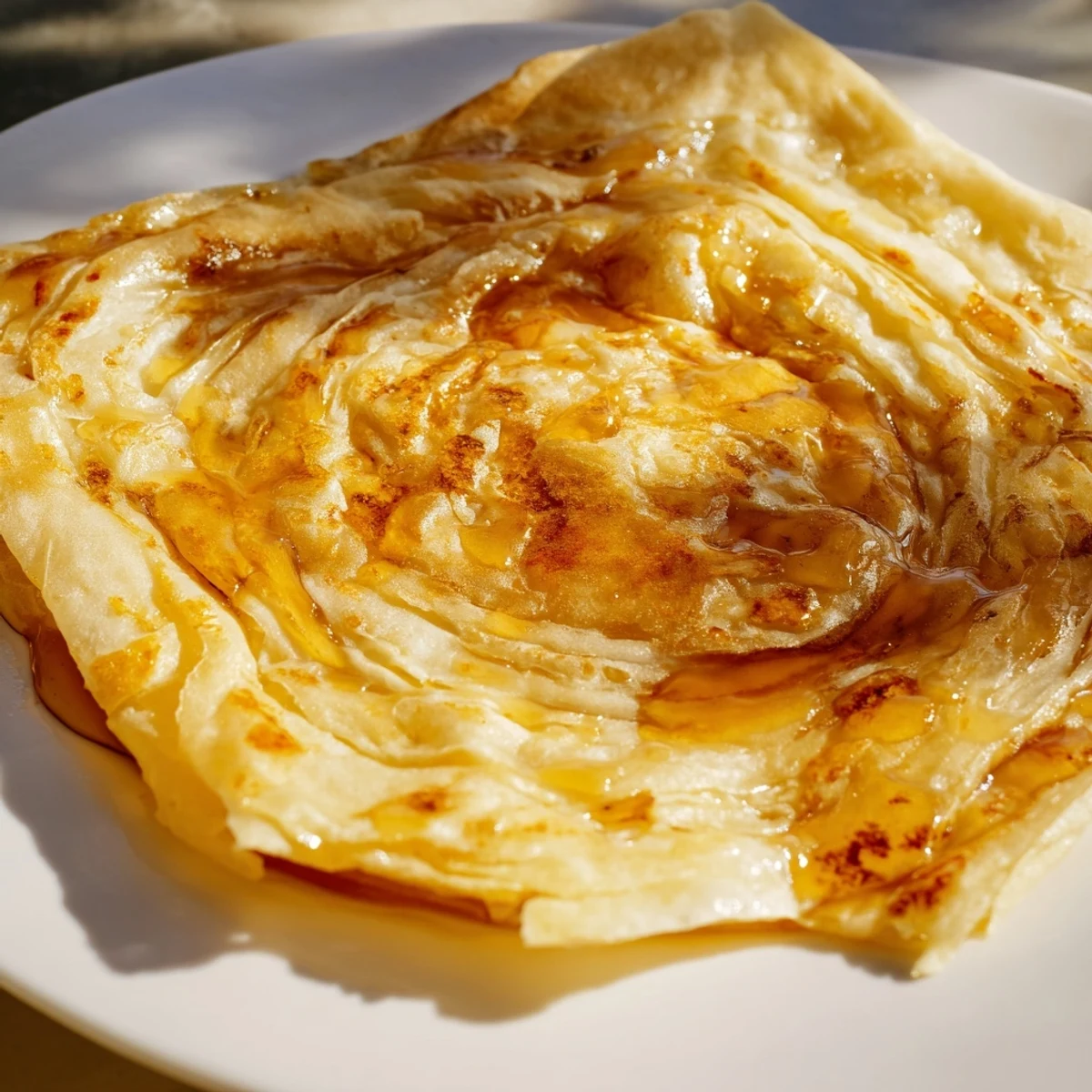 A close-up of buttery Moroccan Msemen squares, fried golden and ready for a honey drizzle.
