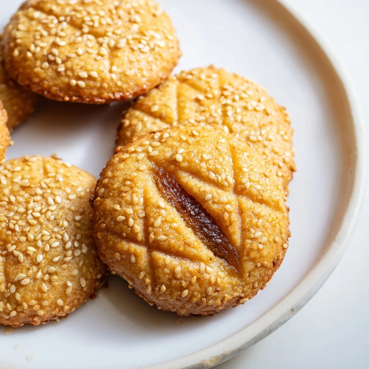 Close-up of golden Tunisian Makroudh cookies, showing their crispy semolina crust and sweet date filling.
