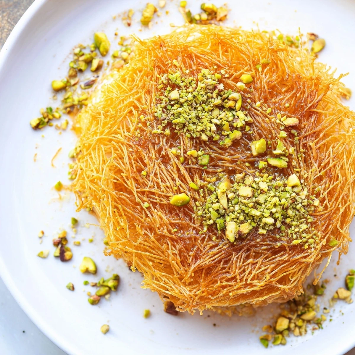 Golden, crispy Lebanese Knafeh cheese dessert with a generous drizzle of sweet syrup and pistachios.