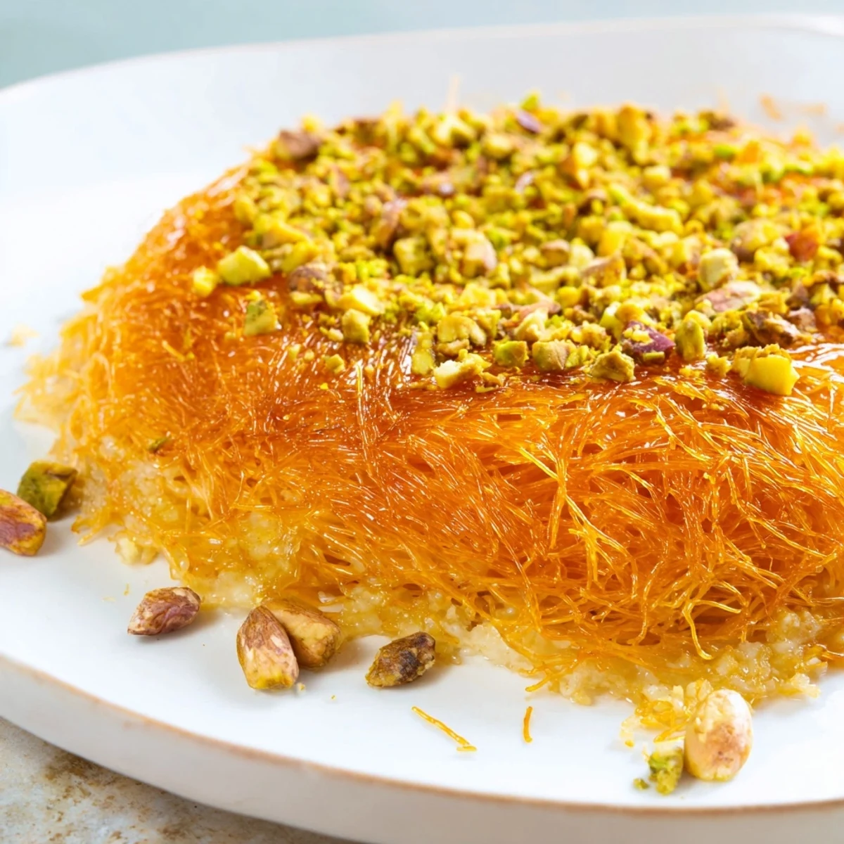 Shredded phyllo pastry surrounds the melty cheese in this homemade Lebanese Knafeh, ready to serve.