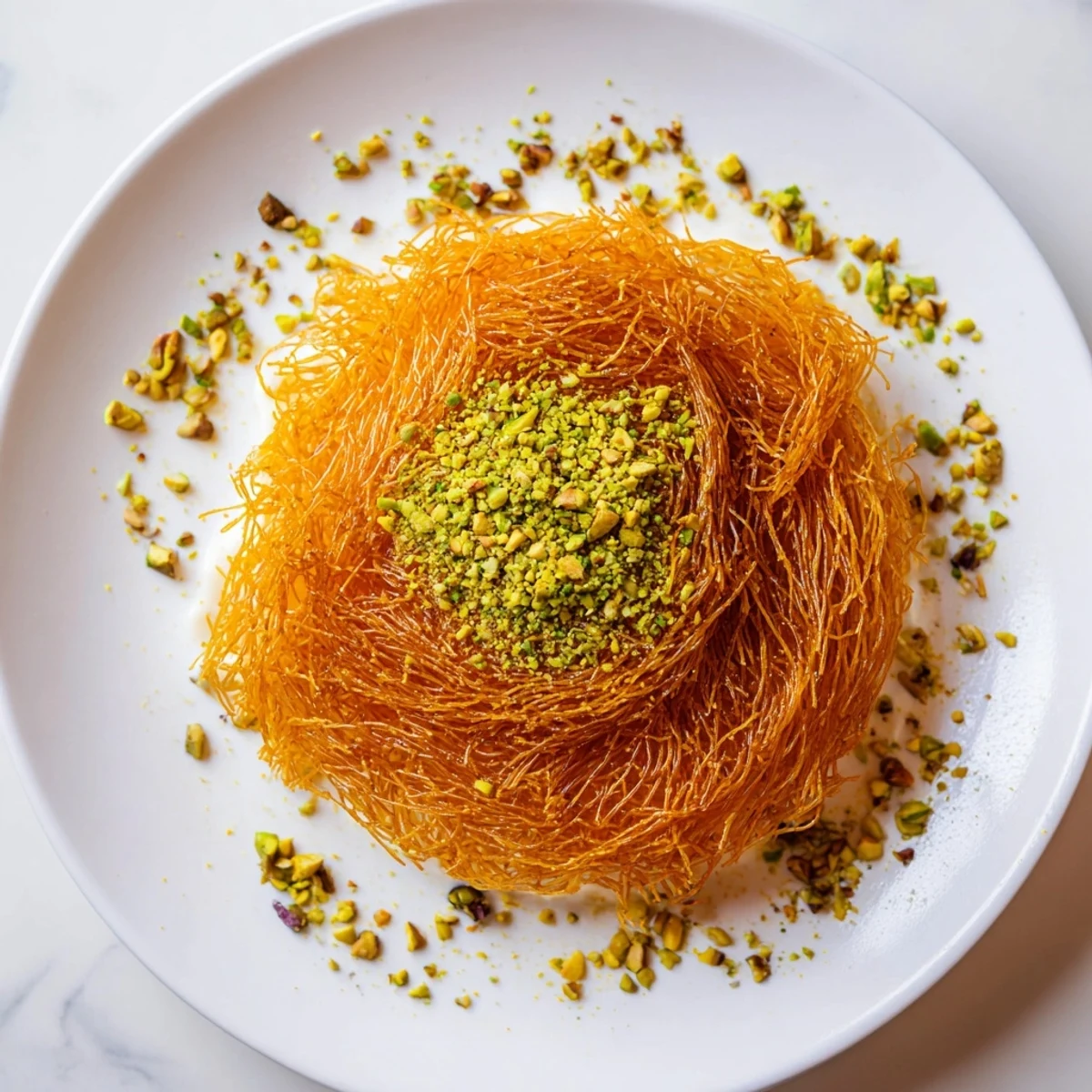 A close-up of warm, cheesy Lebanese Knafeh, perfect for a celebratory Middle Eastern treat.