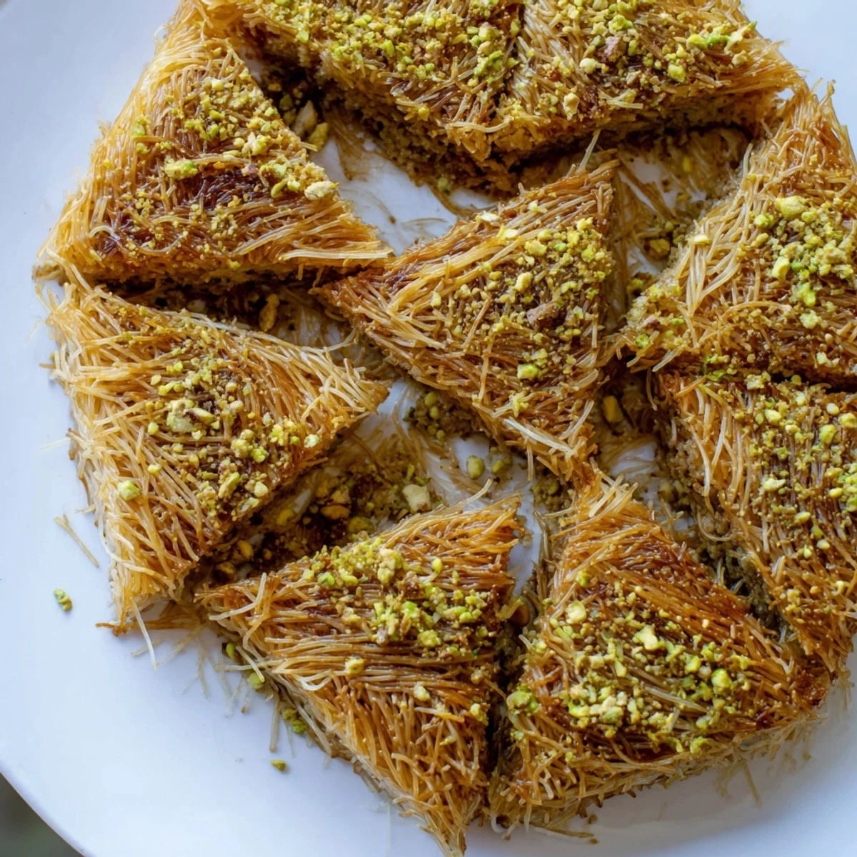 Golden-brown Egyptian Konafa, a sweet and crispy dessert, freshly baked with nutty filling.