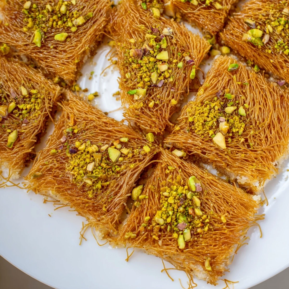 Close-up of freshly cut Egyptian Konafa, showcasing the layers, nuts, and glistening syrup.