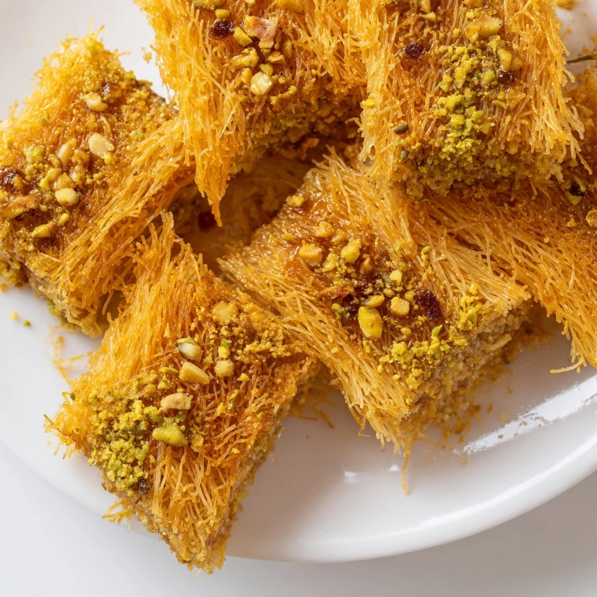 Syrupy, sweet Egyptian Konafa showing off layers of crispy kataifi pastry and chopped nuts.