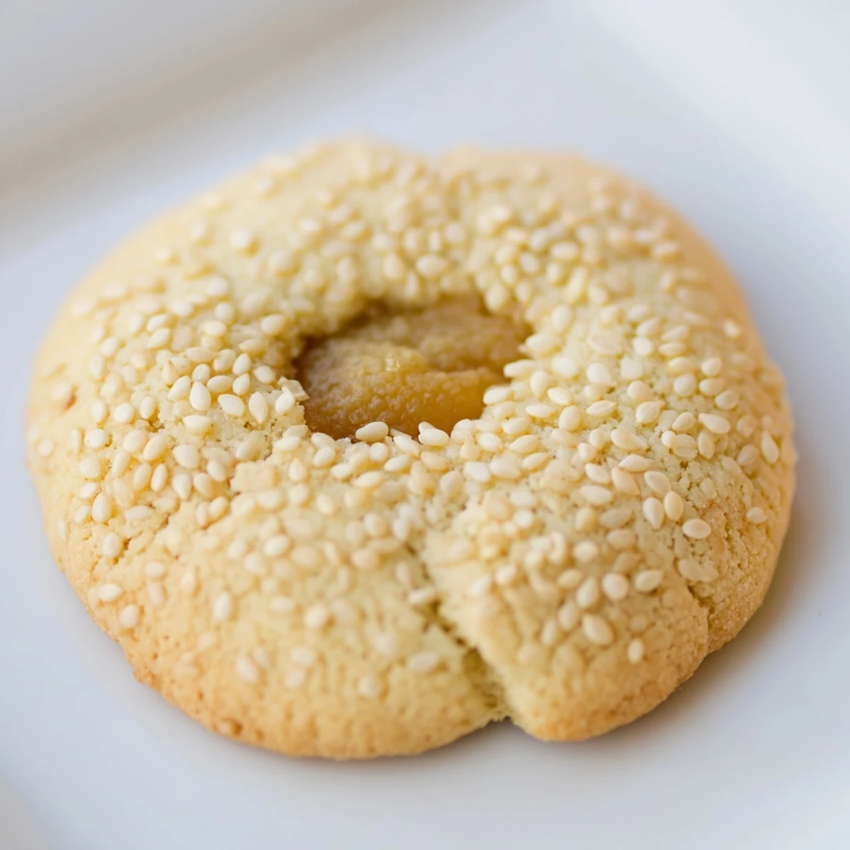 Golden Palestinian Kahk cookies, filled with sweet date paste, and coated with toasted sesame seeds.