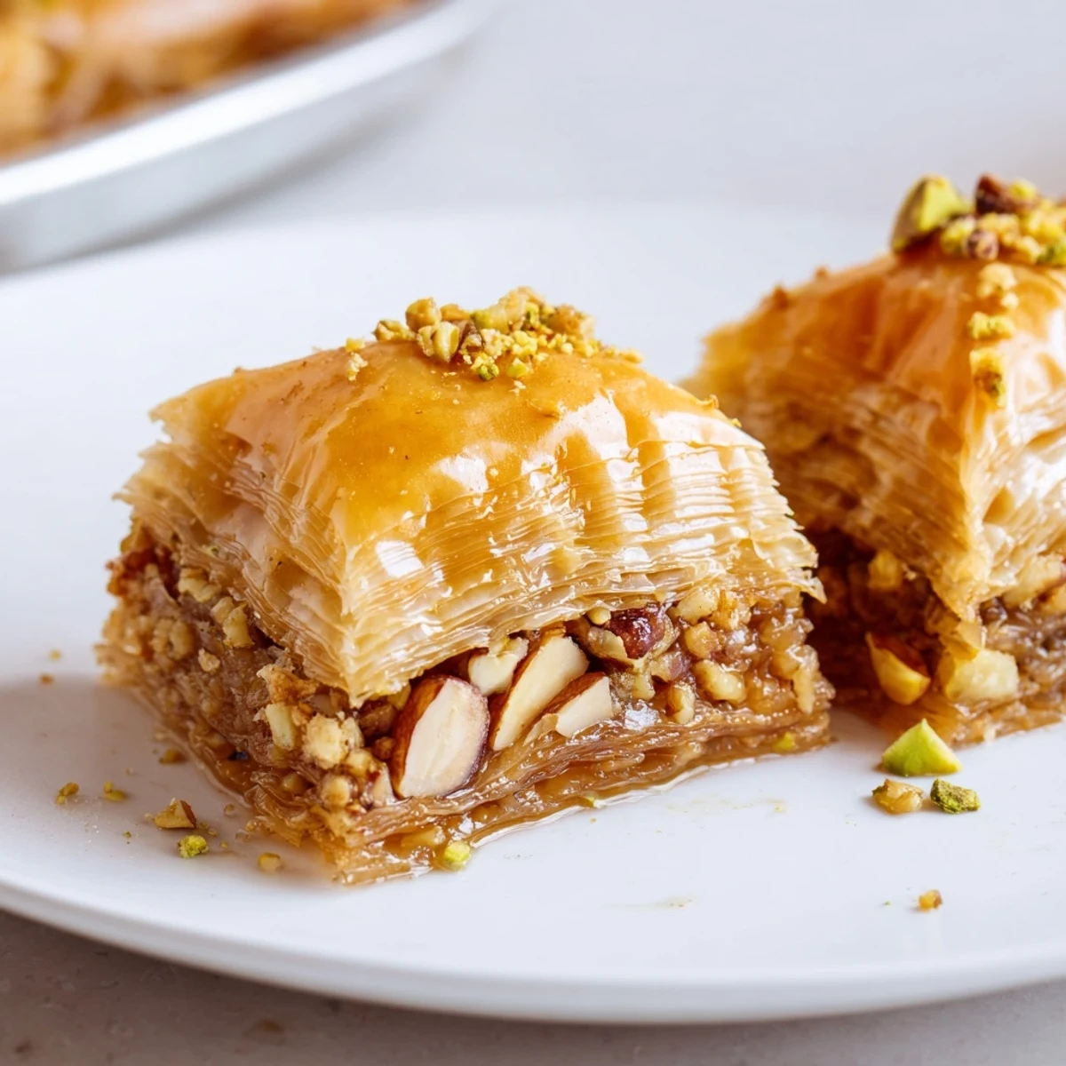 Golden, flaky layers of Turkish baklava glistens with a sweet honey syrup, ready to eat.