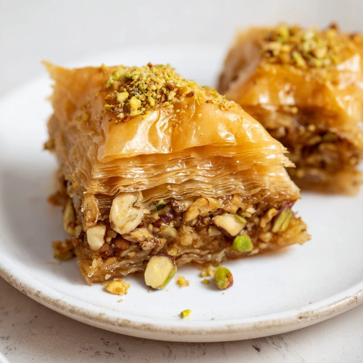 A close-up shot of homemade Turkish baklava shows a stack of rich, nutty layers with glistening syrup.