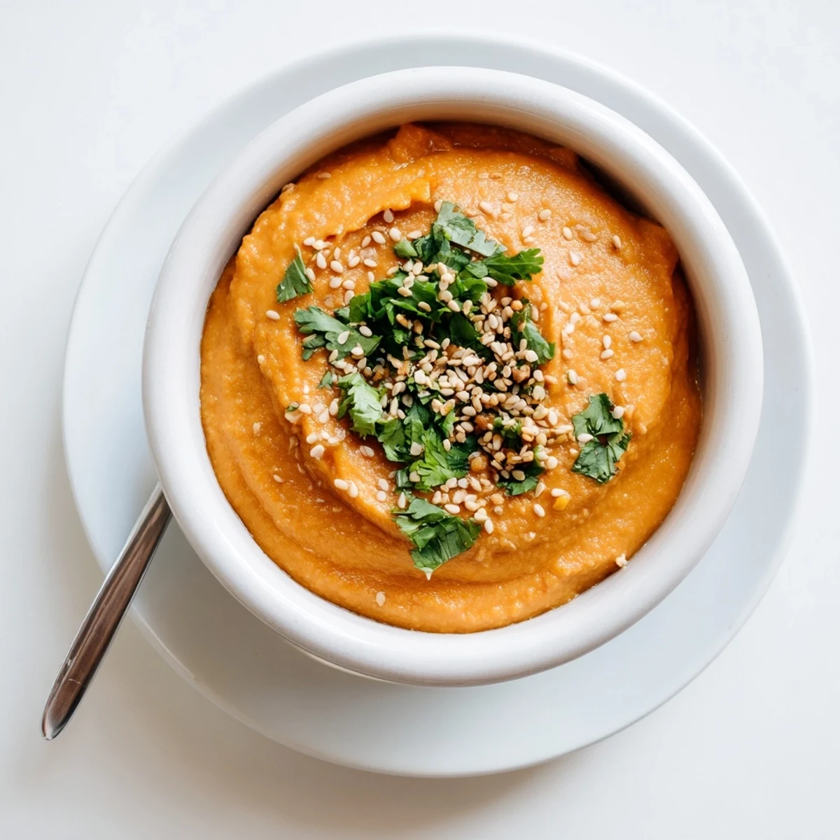 A bowl of creamy Carrot Ginger Dip garnished with cilantro and sesame seeds, with pita chips and fresh vegetables for dipping.