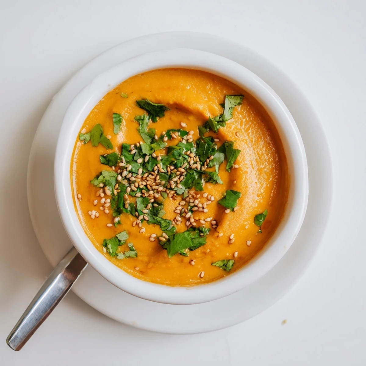 Golden roasted Carrot Ginger Dip blended smooth, garnished with cilantro and sesame seeds alongside colorful veggie sticks and pita chips.