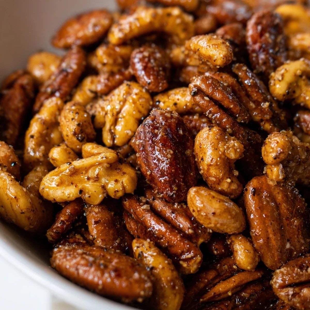 Golden roasted Spiced Nuts Mix glistens with honey, cumin, and smoked paprika on a rustic wooden board.