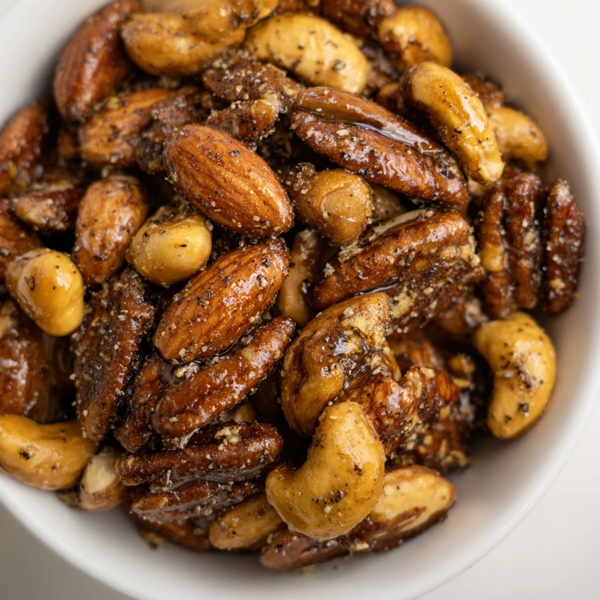 A close-up of the Spiced Nuts Mix showcases a sweet and savory blend of almonds, cashews, and pecans.
