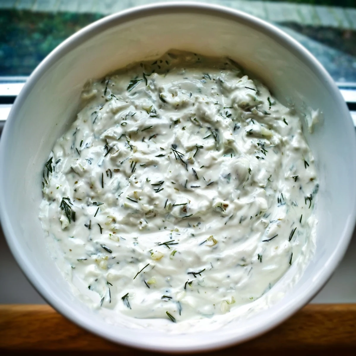 Smooth Greek Yogurt Herb Dip topped with chopped chives and parsley, ready to serve with crunchy snacks.