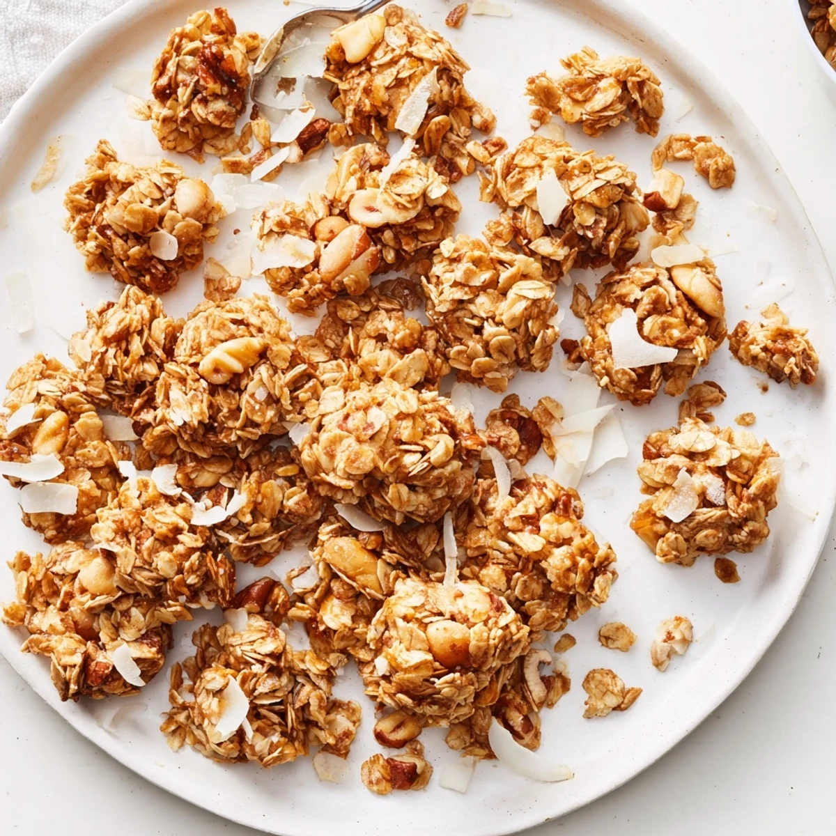 Close-up of golden-brown granola clusters baked with oats, nuts, and honey, served in a rustic bowl.