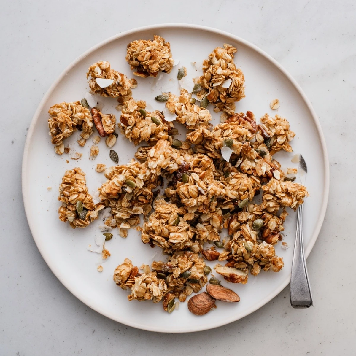 Golden homemade granola clusters from the baking sheet, showcasing toasted oats, pecans, almonds, and walnuts.