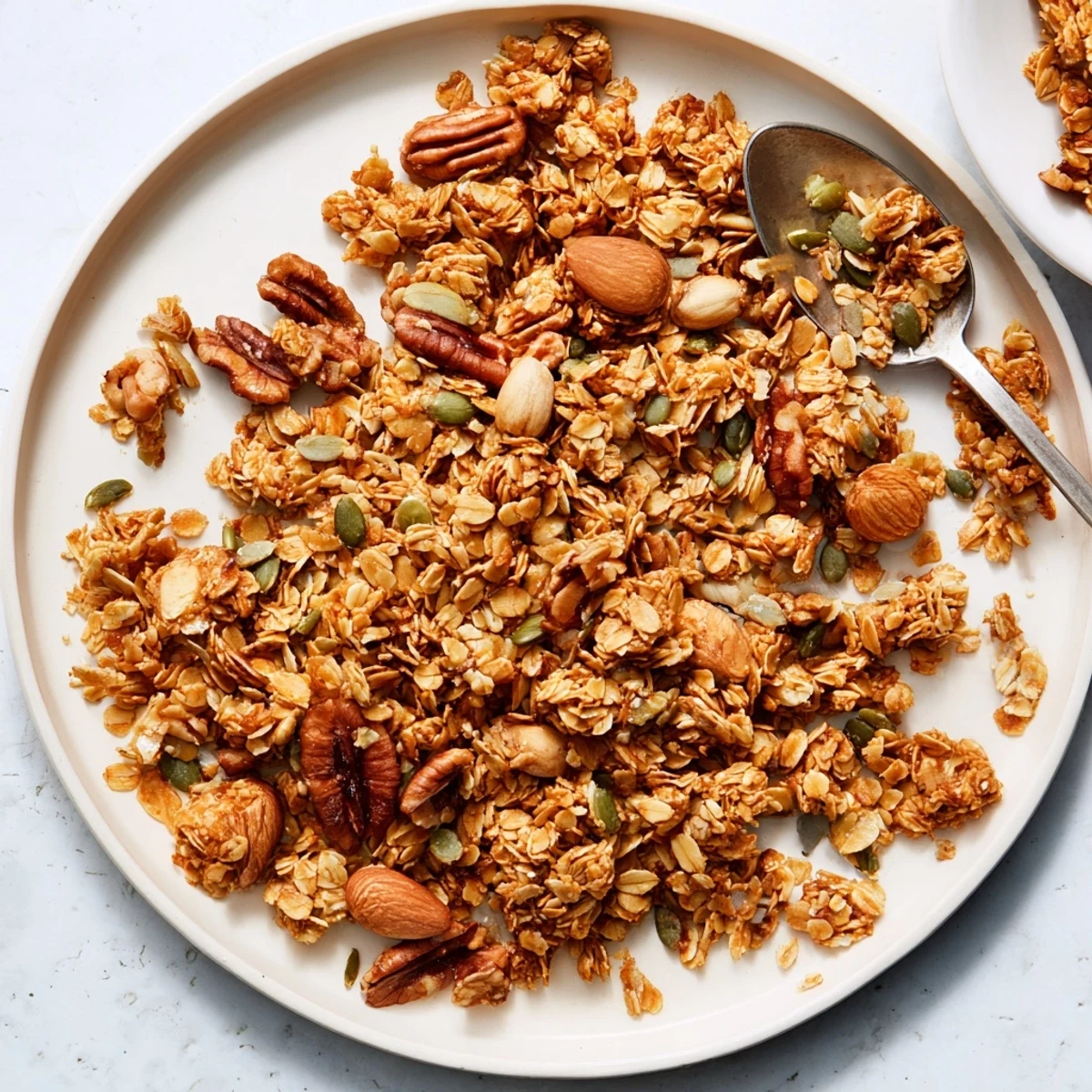 Crispy granola clusters with mixed nuts and coconut, ready to enjoy with milk or yogurt.